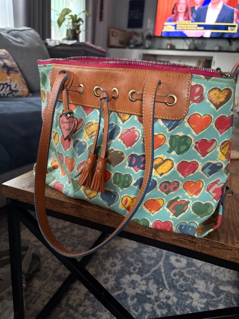 Dooney & Bourke Multicolor Heart Print Tote with Brown Trim